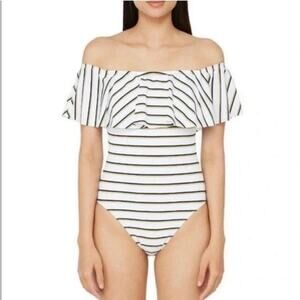 New! Ralph Lauren one piece striped ruffle off shoulder swimsuit L US 10 $132